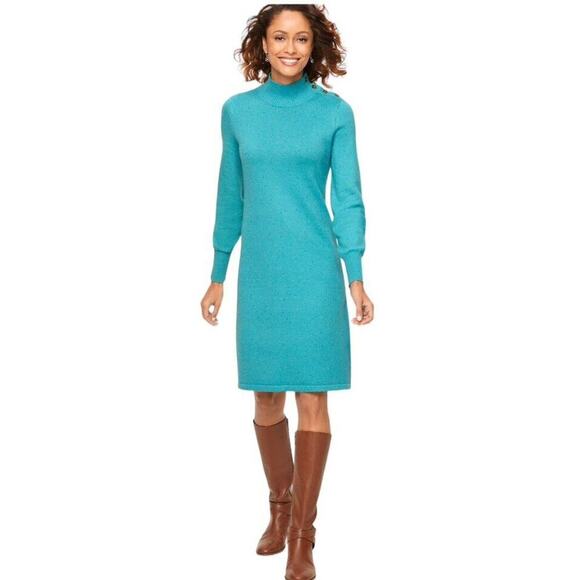 Talbots Mock Neck Sweater Dress Size Medium Aqua Blue Speckled Shoulder Buttons - Picture 2 of 15